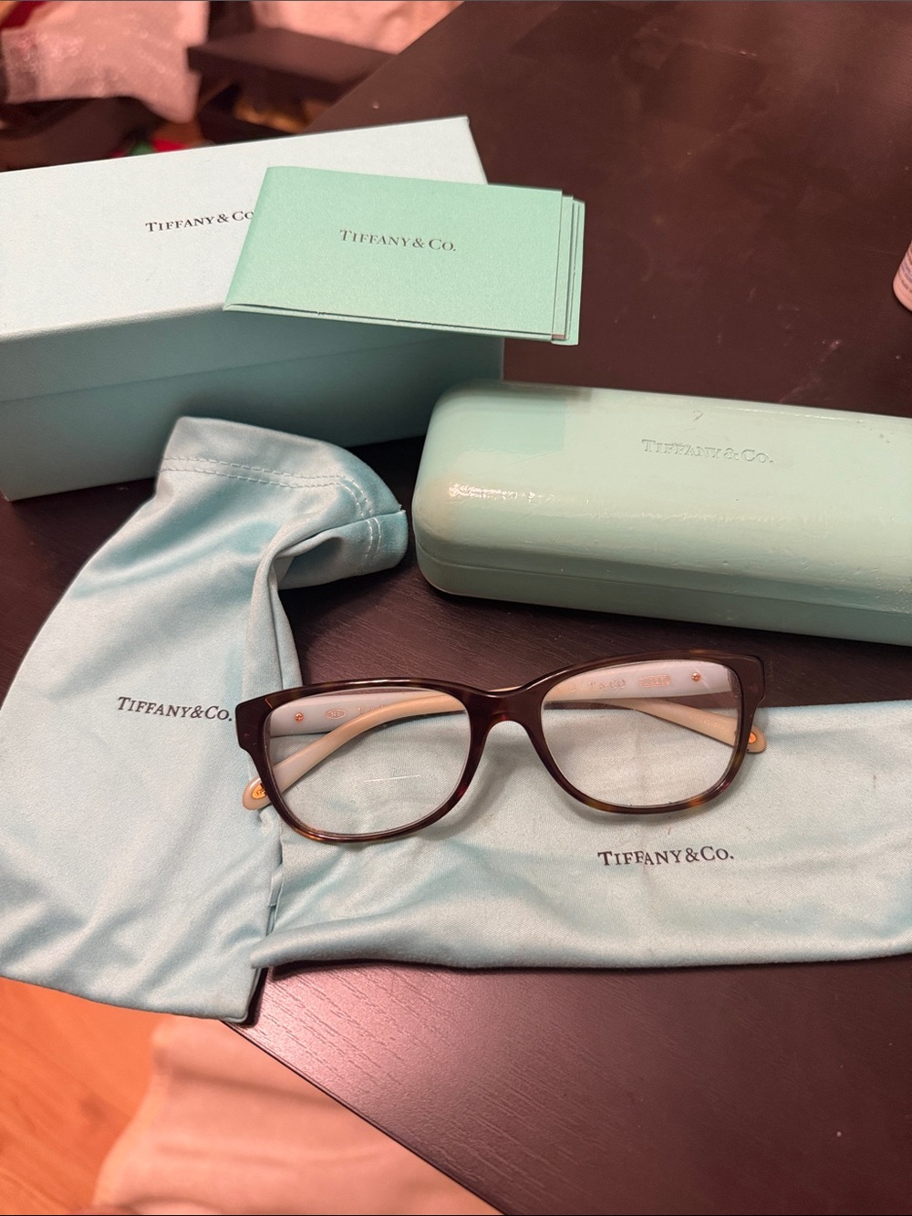 Tiffany & Co. Brown Tortoiseshell Cat-Eye Glasses with Aqua Case
